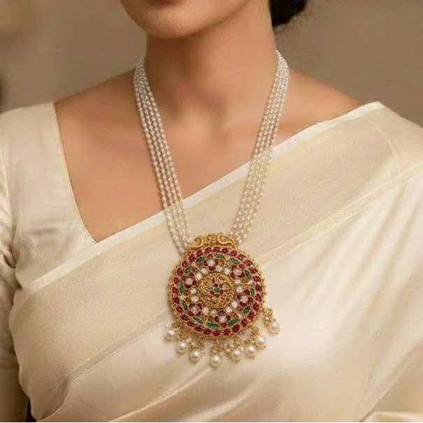 5 layer round  ruby white ston long necklace