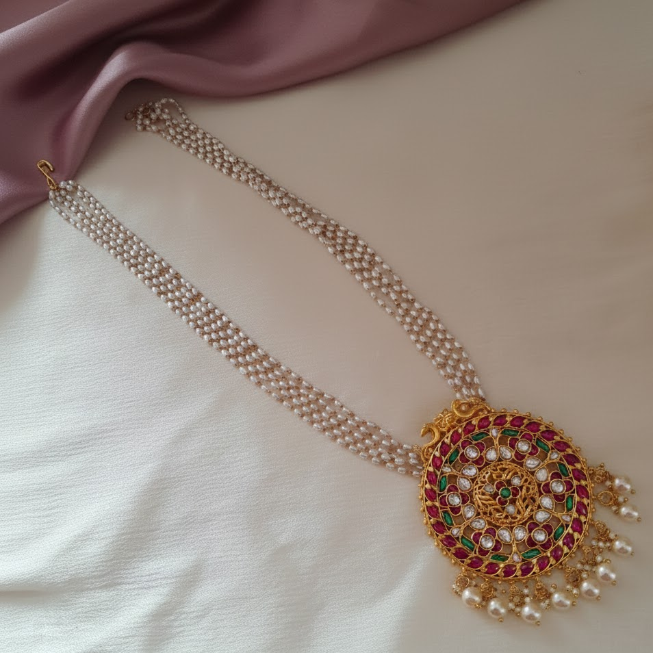5 layer round  ruby white ston long necklace