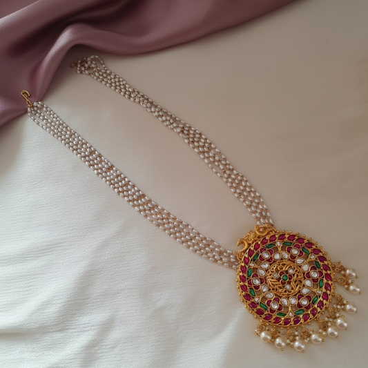 5 layer round  ruby white ston long necklace