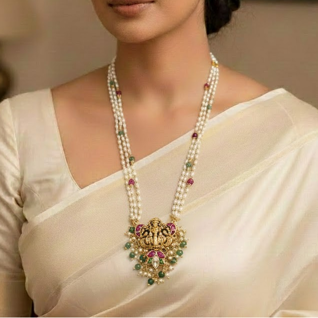 3 layer lakshmi pendant long  necklace