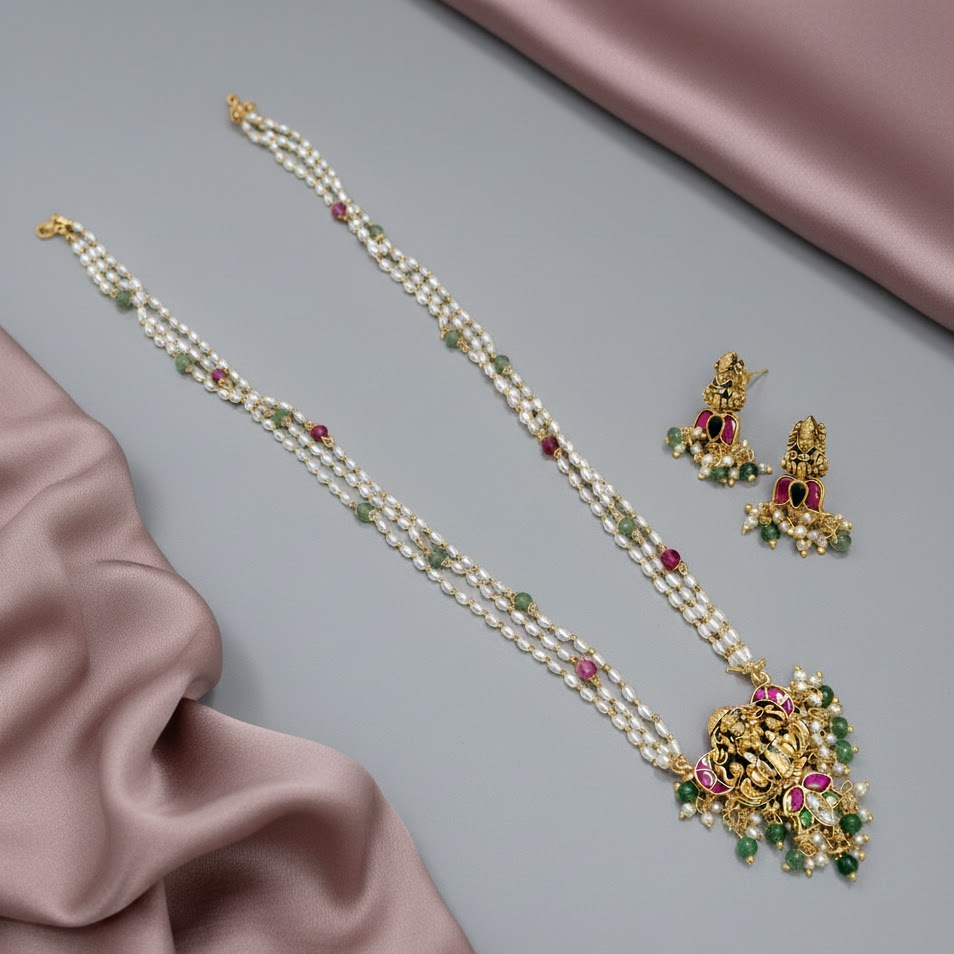 3 layer lakshmi pendant long  necklace