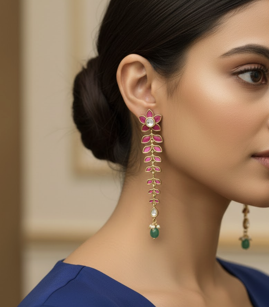 Long Leaf pattern Jadau kundan earring