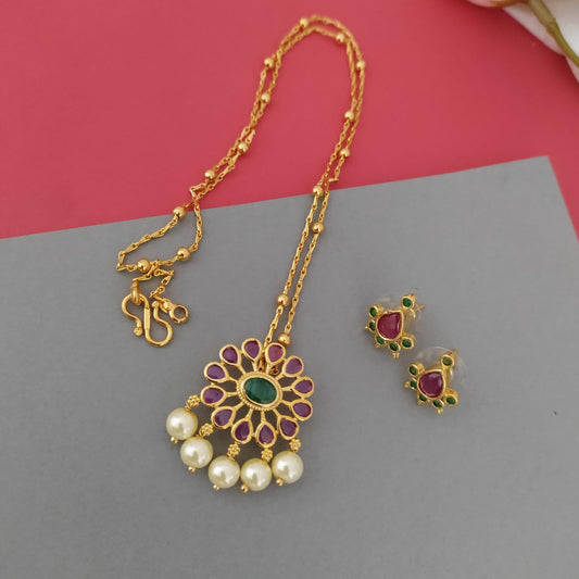 Round  pearl beads ruby stone pendant chain