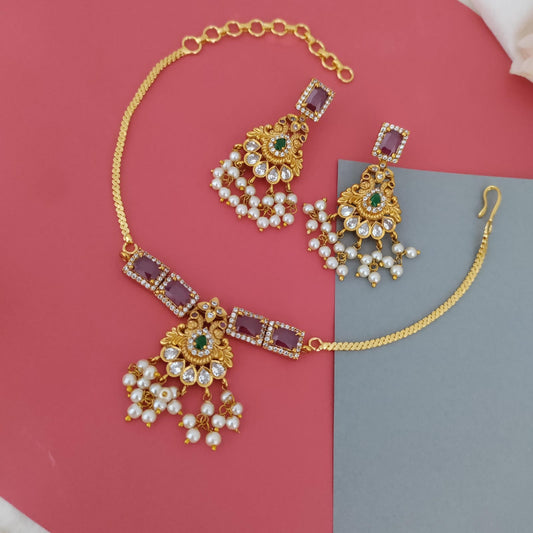 Peacock ruby stone with pearl drop  choker