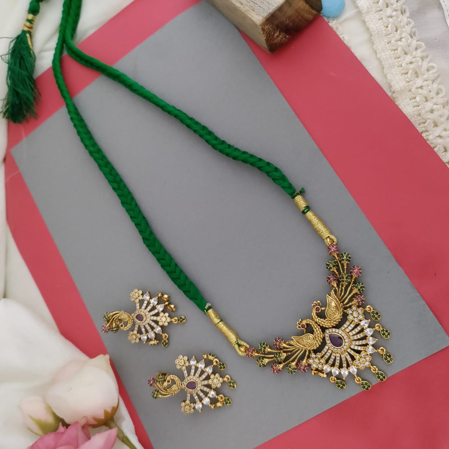 Peacock AD green stone  pendant with green rope