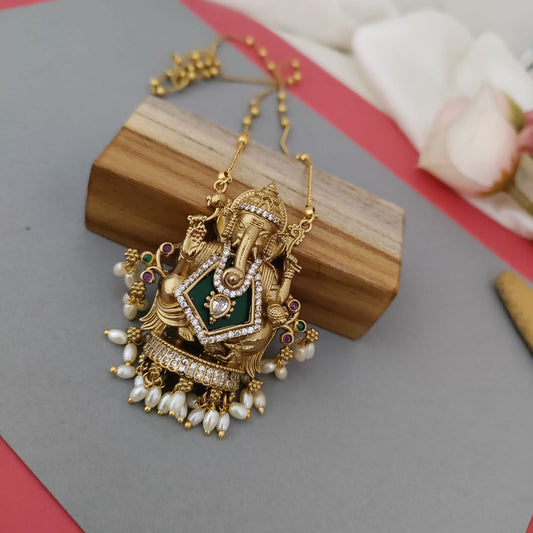 Green ganesha AD stone rice pearl pendant chain