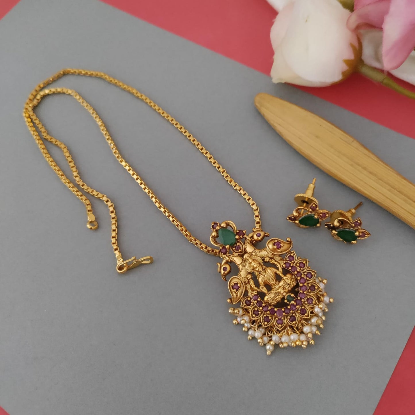AD lakshmi peacock peal drop pendant set