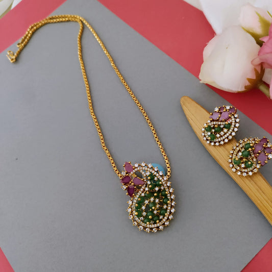 Paisley shaped  green AD Pendant chain set