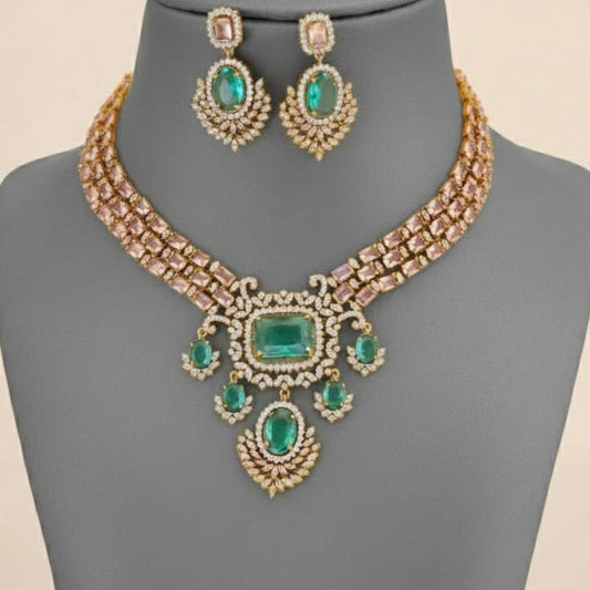 3 AD layered rose quartz with aqua blue bridal necklace set