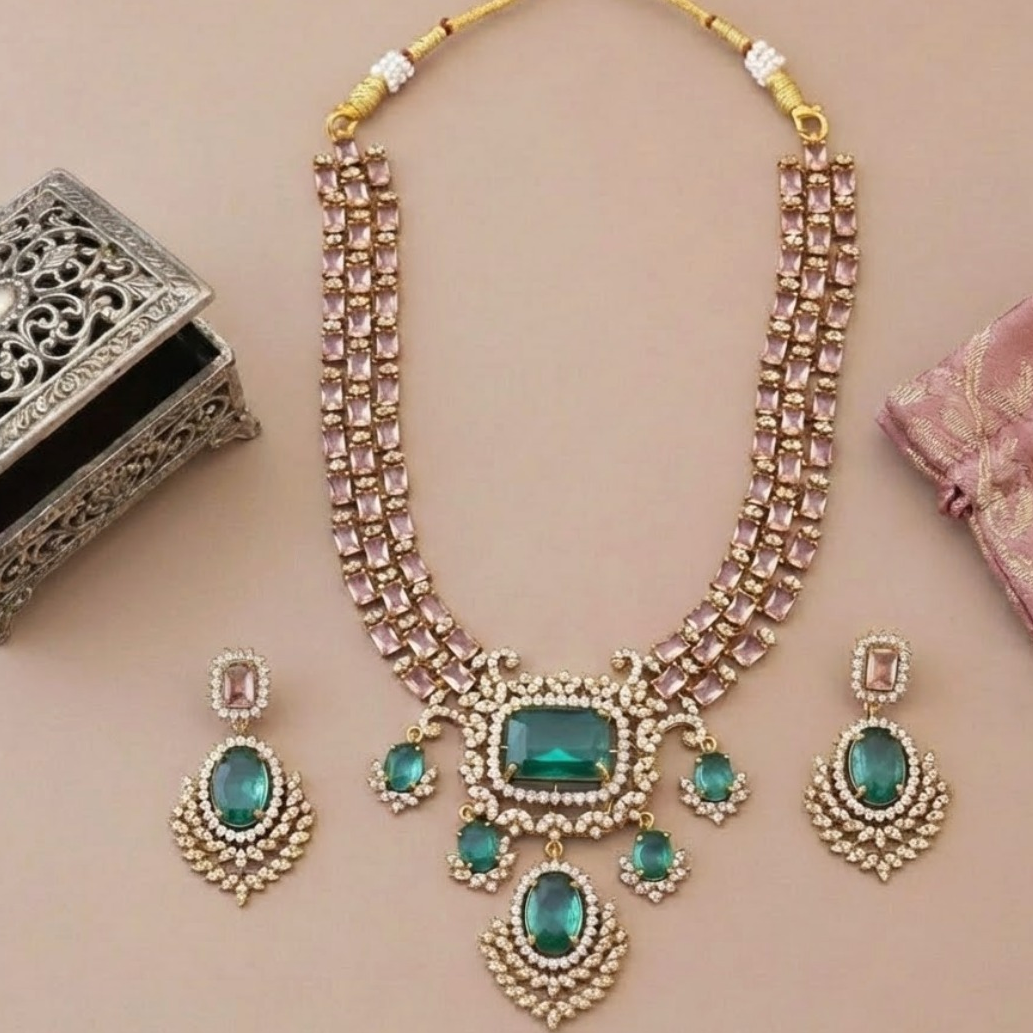 3 AD layered rose quartz with aqua blue bridal necklace set