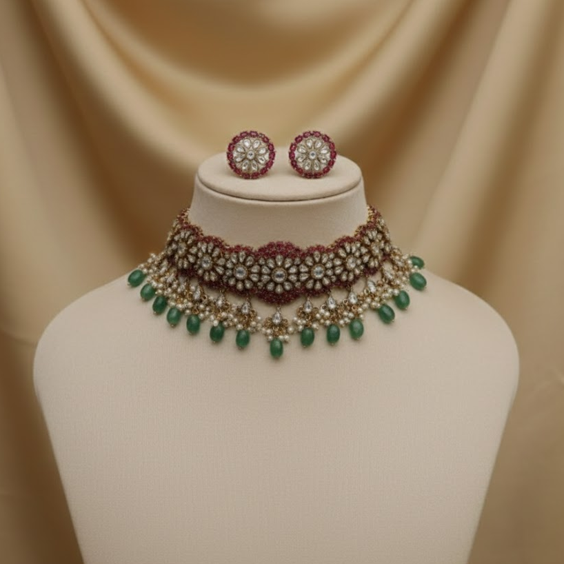 Ruby stone studded Moisannite bridal choker necklace