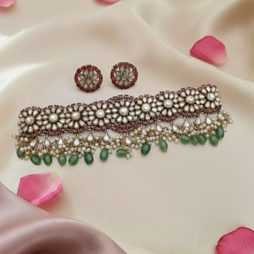 Ruby stone studded Moisannite bridal choker necklace