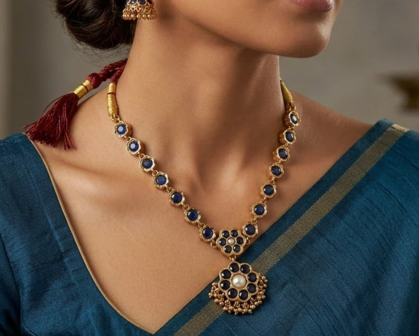 Reversible Kemp stone necklace - Blue and Pearl