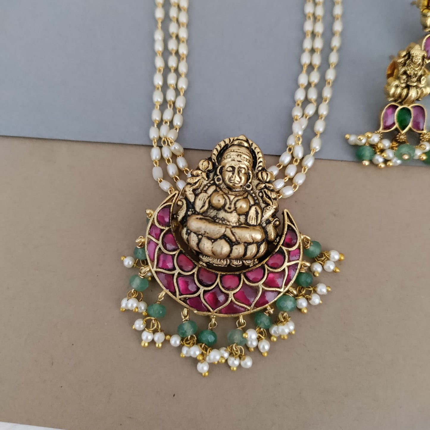 Jadau kundan Lakshmi pendant 3 layered pearl long chain set