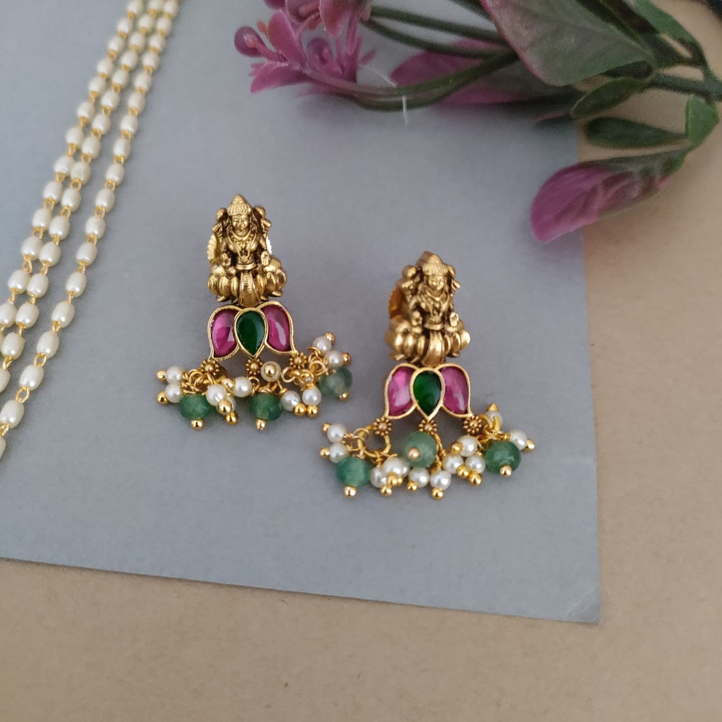 Jadau kundan Lakshmi pendant 3 layered pearl long chain set