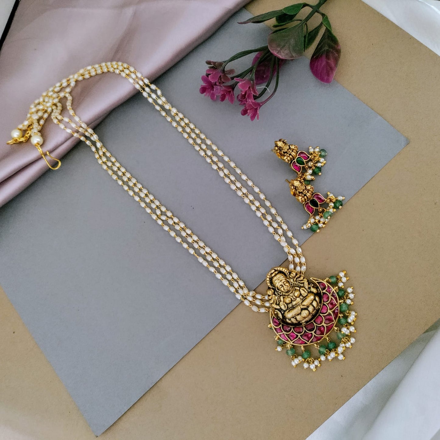 Jadau kundan Lakshmi pendant 3 layered pearl long chain set