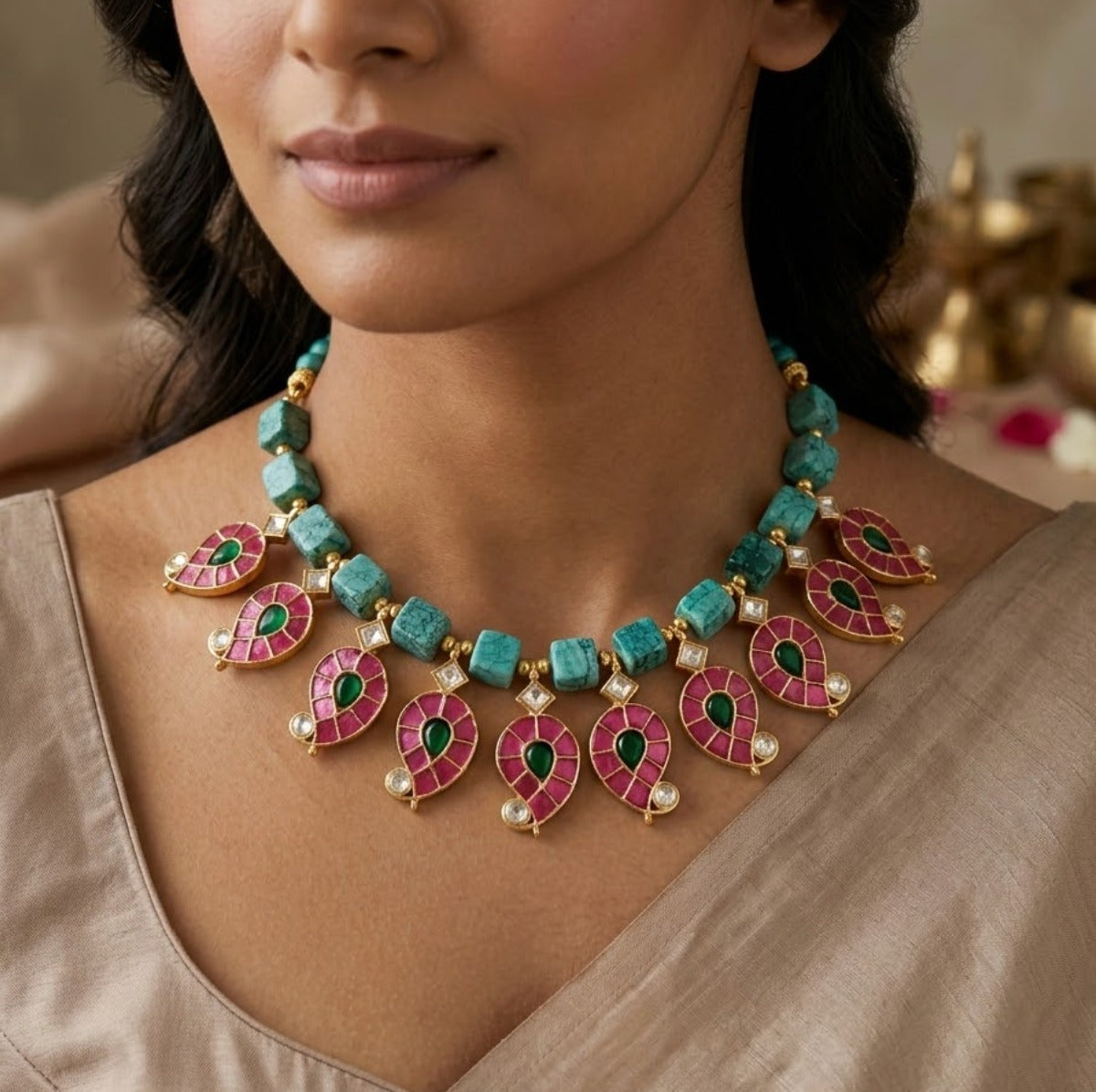 Jadau kundan Paisley shaped necklace set with amazonite beads
