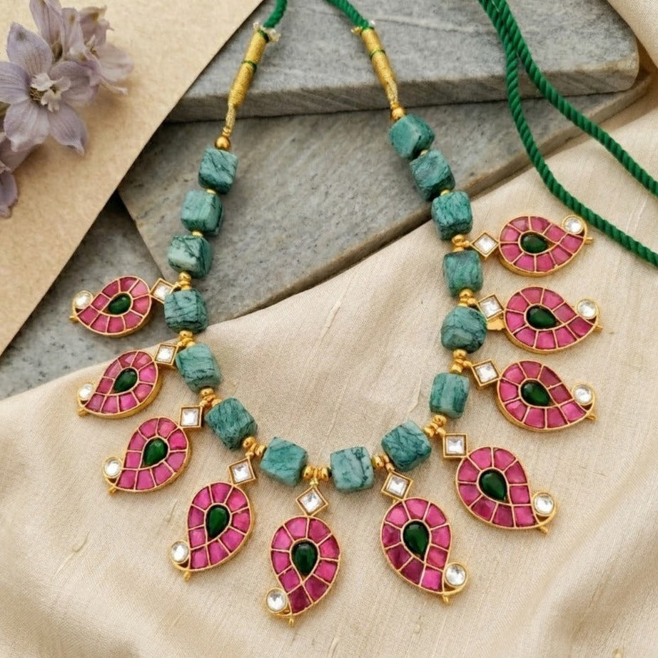 Jadau kundan Paisley shaped necklace set with amazonite beads