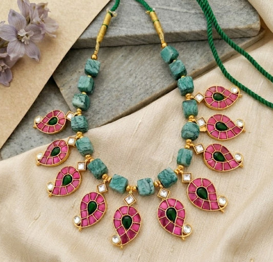 Jadau kundan Paisley shaped necklace set with amazonite beads