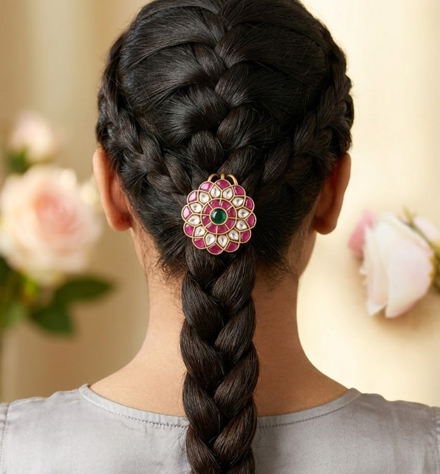 Jadau flower ruby round hair pin