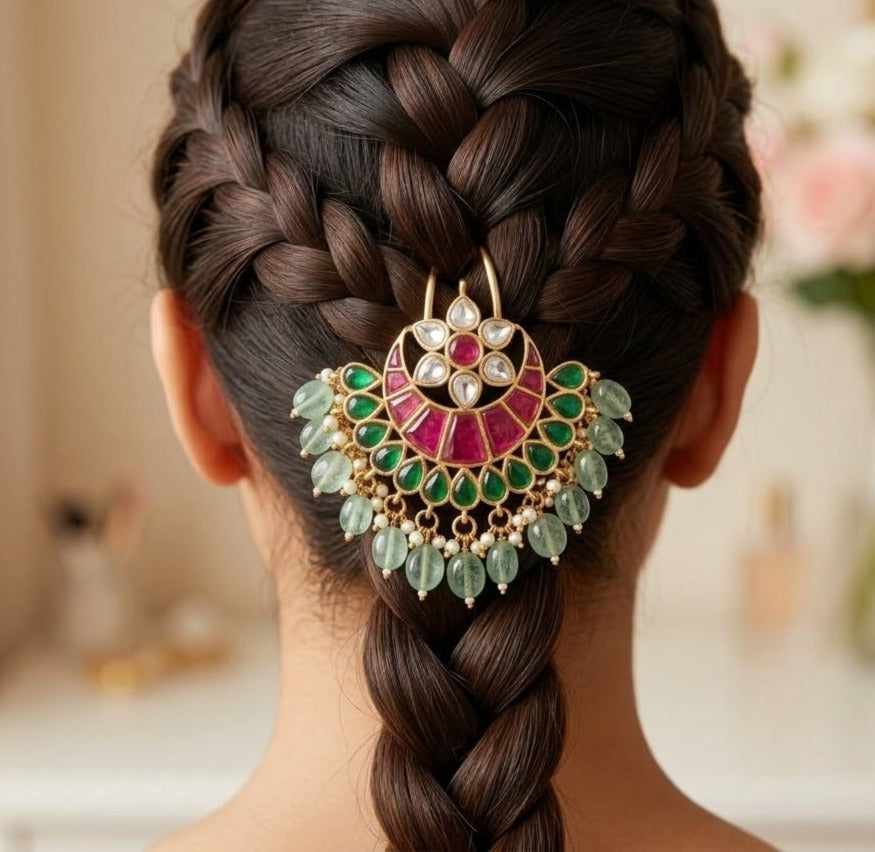 Jadau flower green drop hair pin