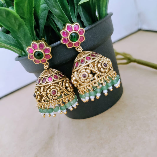 Ruby stone Nakshi work Jadau Kundan jumka