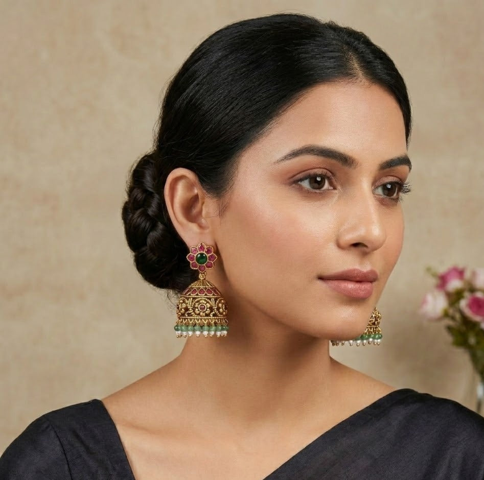 Ruby stone Nakshi work Jadau Kundan jumka