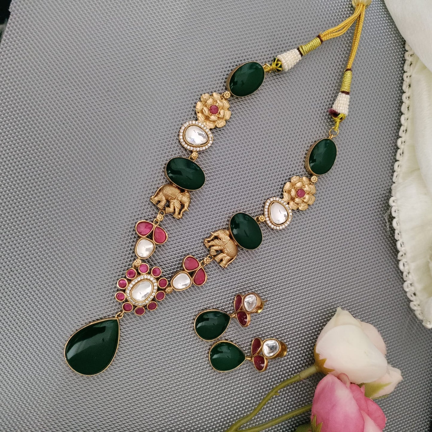 Green elephant Jadau Kundan necklace