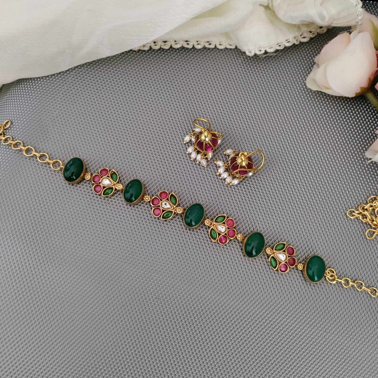 Flower design Jadau kundan green choker