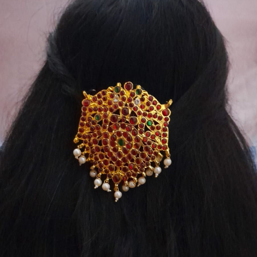Bharathanatyan kemp Jada billa / Hari pin peacock  red hair pin