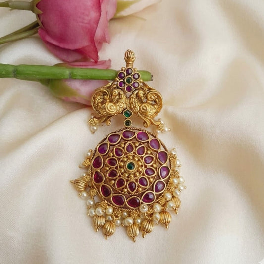 Antique gold Kemp stone ruby peacock  pearl drop hair pin