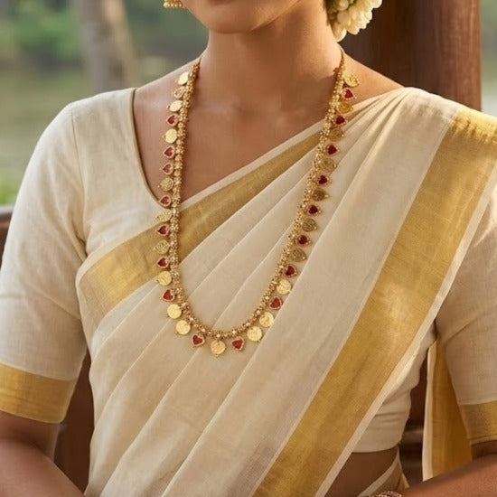 Long Microplated Palaka and Coin necklace - Kerala design Red