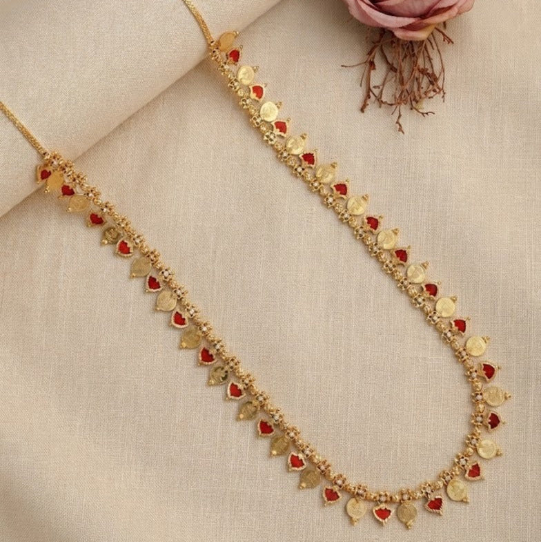 Long Microplated Palaka and Coin necklace - Kerala design Red