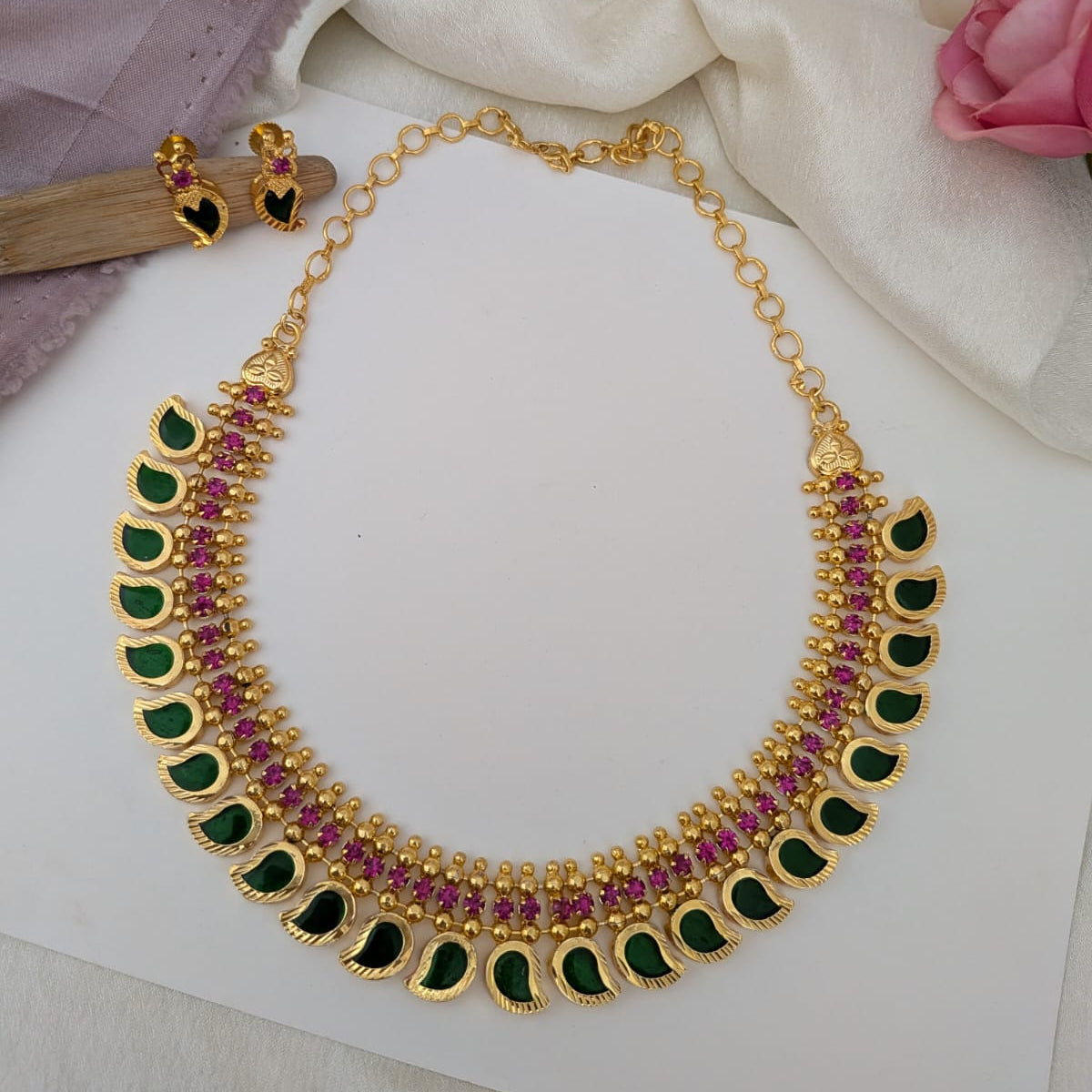 Microplated Mango green stone necklace- Kerala design