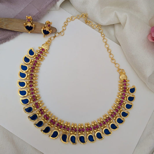 Microplated Mango blue stone necklace- Kerala design