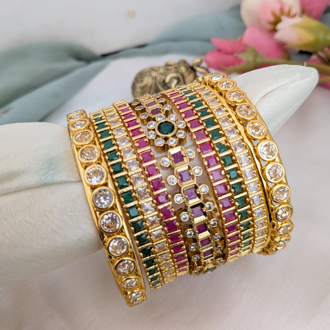 Bridal bangle set Ruby, green, white