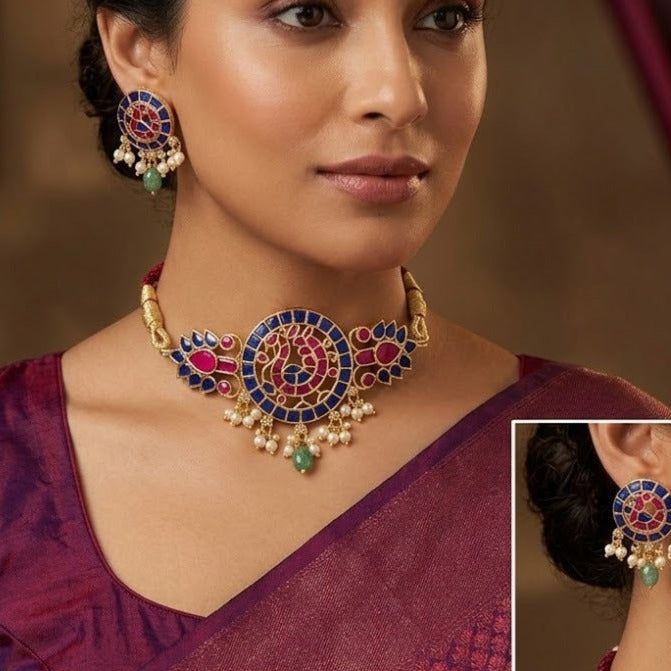 Blue with ruby stone studded Jadau kundan choker