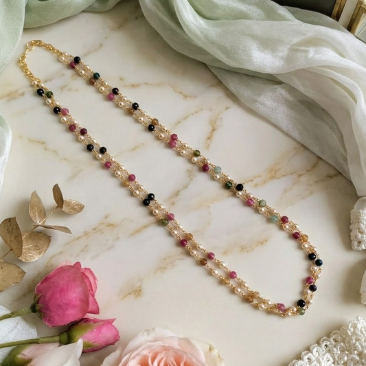 Two layered 4mm multi color beaded with pearl necklace