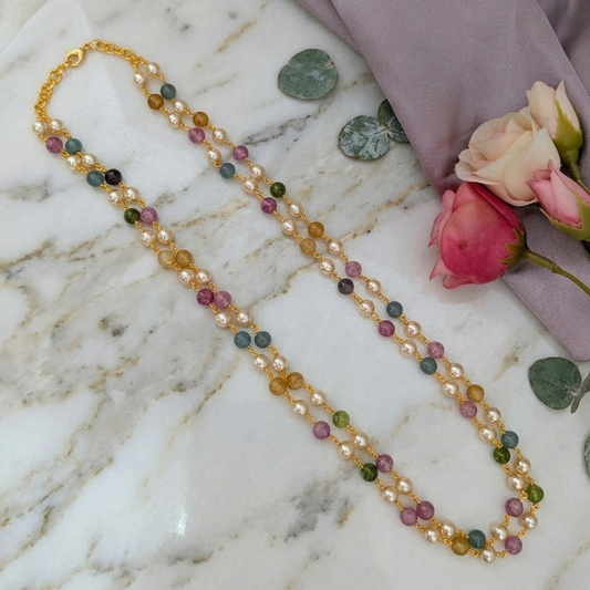 Two layered 7mm multi color beaded with pearl necklace