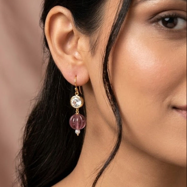 Polki stone with pastel pink beaded hook earring