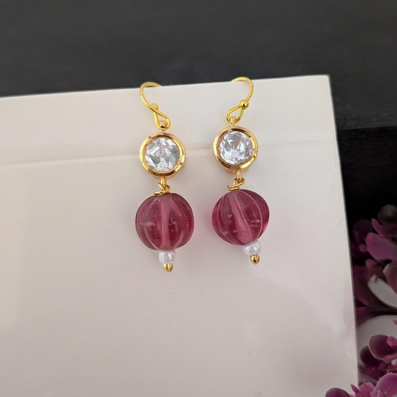 Polki stone with pastel pink beaded hook earring