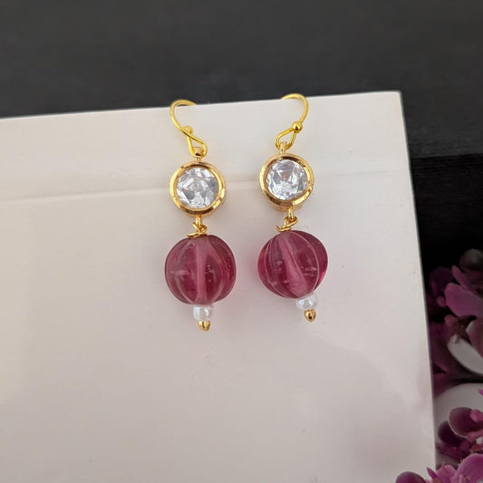 Polki stone with pastel pink beaded hook earring