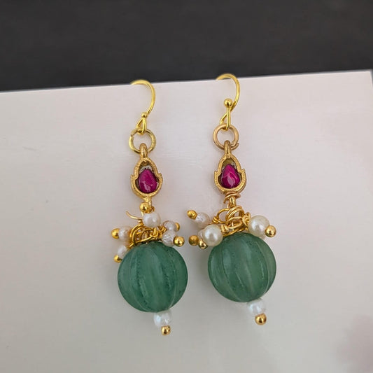 Jadau stone with green pumpkin beaded hook earring