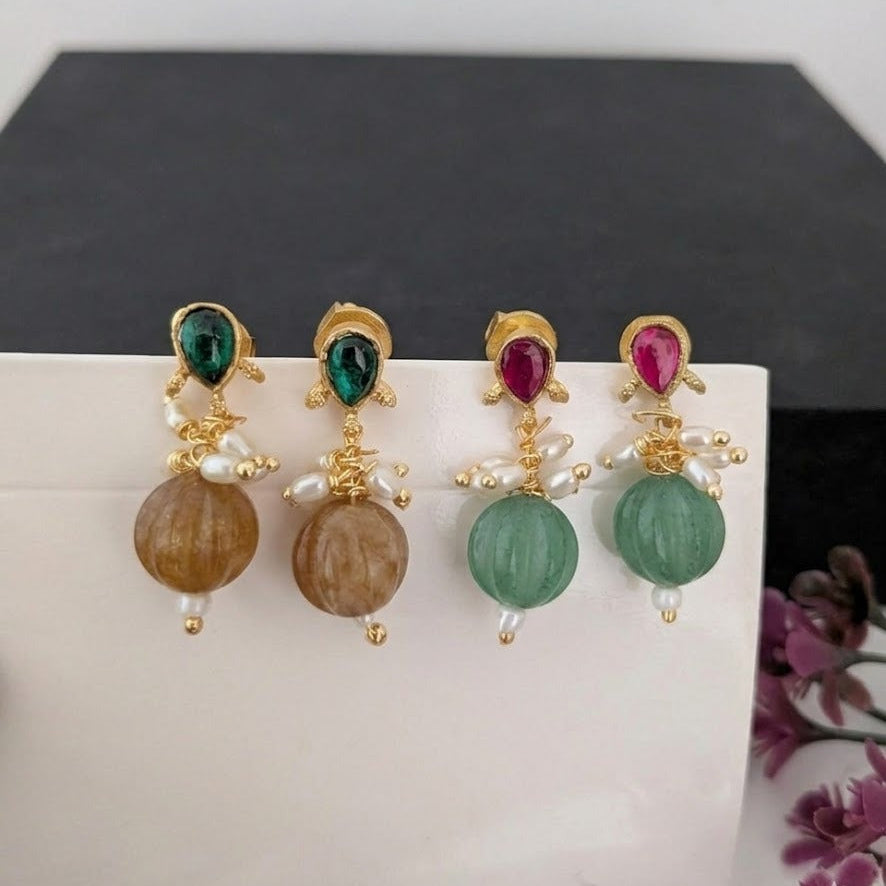 Jadau kundan stud  with green pumpkin beaded earring