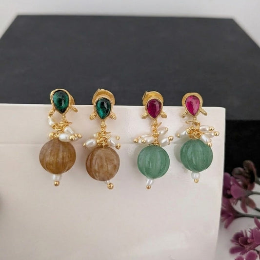 Jadau kundan stud  with green pumpkin beaded earring