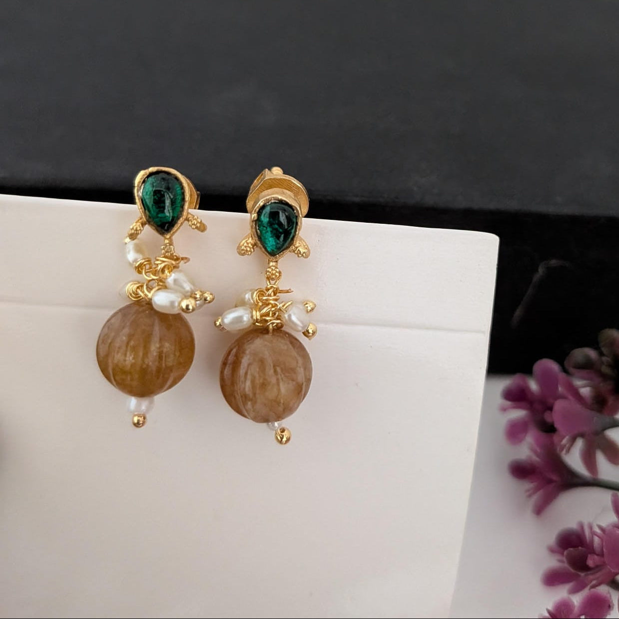 Jadau kundan stud  with green pumpkin beaded earring