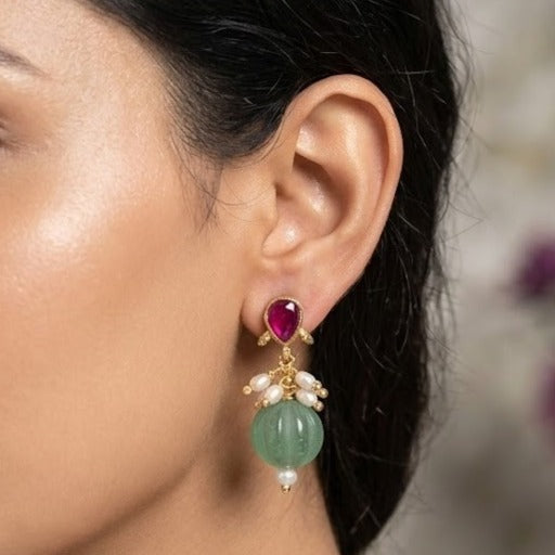 Jadau kundan stud  with green pumpkin beaded earring