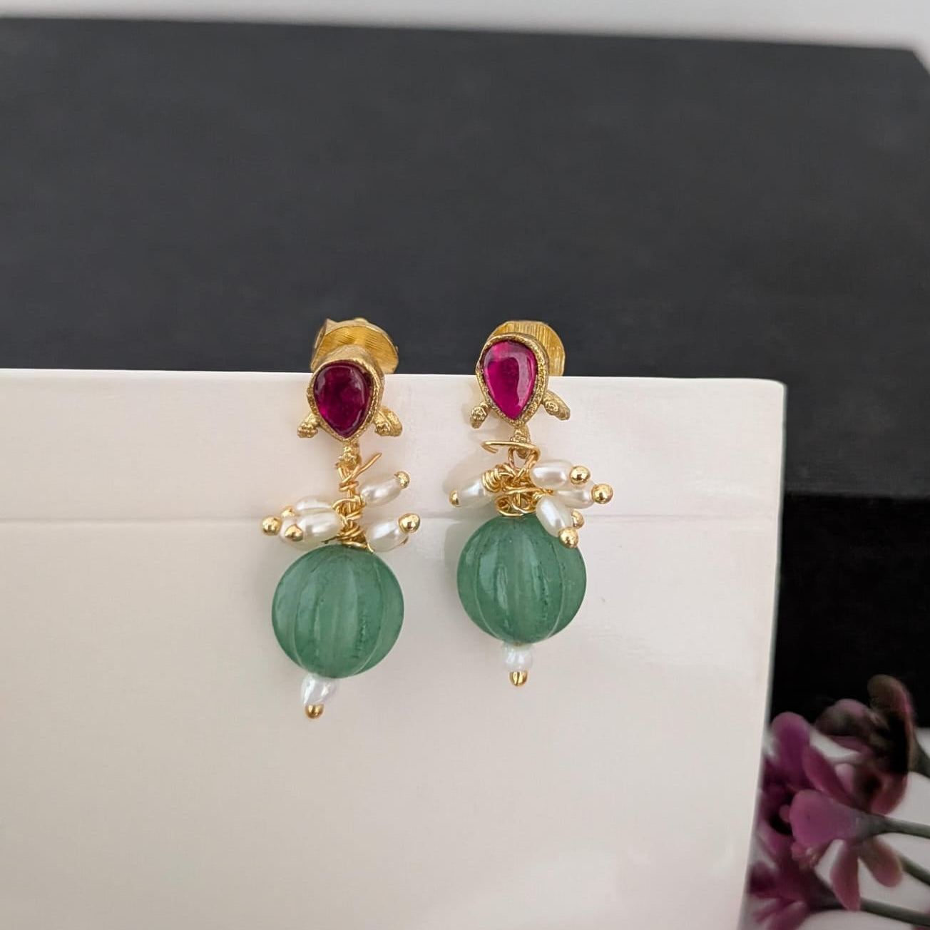 Jadau kundan stud  with green pumpkin beaded earring