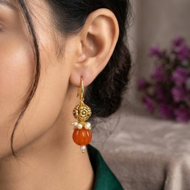 Golden finish beaded with pumpkin beaded earring