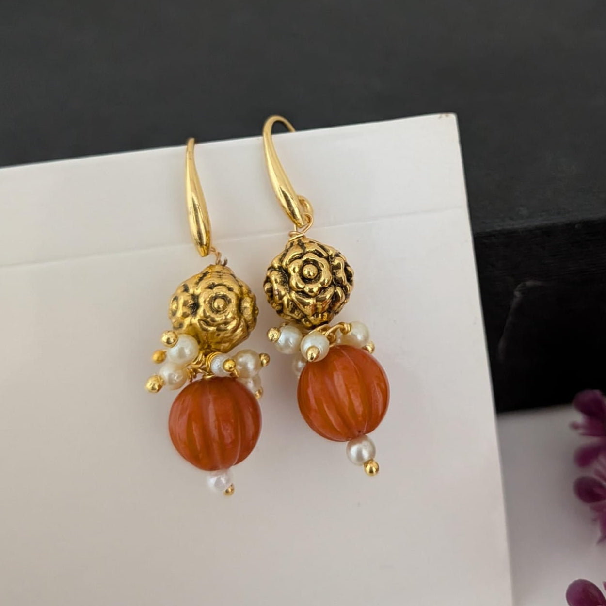 Golden finish beaded with pumpkin beaded earring